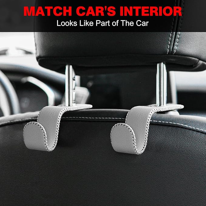 Leather-Wrapped Car Headrest Hooks & Seat Back Organizer - 2 Pack U-Shaped Car Purse Holder for Bags, Coats, Handcrafted Stitching, Flexible Car Accessories for Women (Gray)