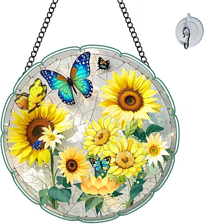 Sunflower Suncatcher 8 Inch Stained Glass Window Hanging Diamond Chain Hooks – Indoor/Outdoor Window Wall Art Home Décor -Gift for Women Men Valentine's Day Thanksgiving Ornaments Festival Gifts