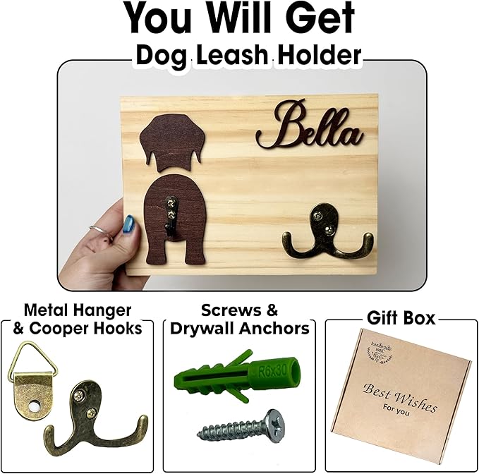 VINARTSVN Personalized Dog Leash Holder, Dog Butt Harness Wall Hanger Organizer with Name, Hooks for Leashes, Keys, Collars, Funny Leash Rack Wall Mount for Entryway, Gift for Pet Lovers, Home Décor