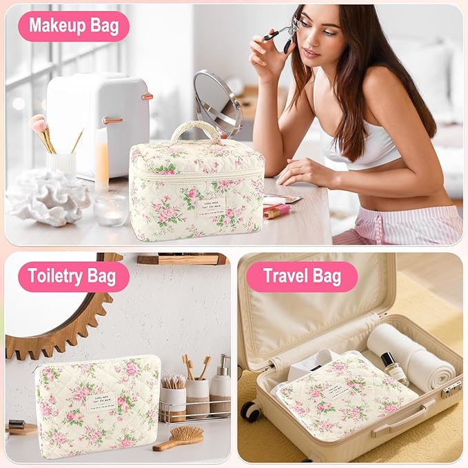 2Pcs Cotton Quilted Makeup Bag for Women Extra Large Small Travel Cosmetic Bag Set Cute Pink Floral Print Makeup Pouch Portable Toiletry Bag Organizer Coquette Vintage Puffy Travel Essential