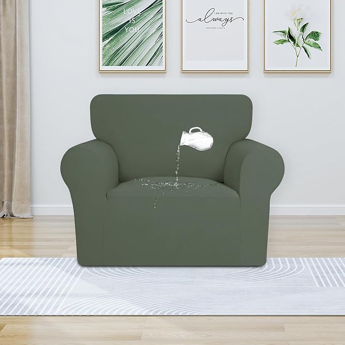 PureFit 100% Dual Waterproof Couch Cover Slipcovers for Couches and Sofas - Stretch Non Slip Fleece Sofa Covers Washable, Leakproof Furniture Protector for Kids, Pets, Dog (Chair, Greyish Green)