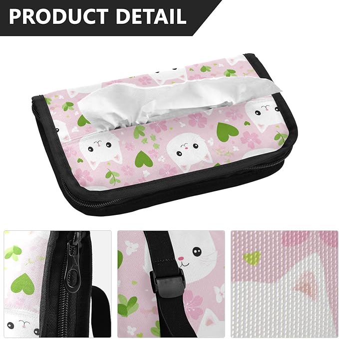 Car Tissue Holder Car Napkin Holder Car Tissue Box Dispenser Storage Case Sun Visor Mask Holder with Adjustable Straps Reusable Refillable Pink Cute Sakura Cat Faces Hearts