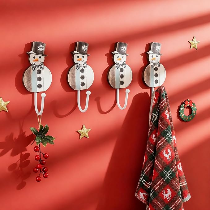 Weysat Christmas Stocking Holder Set of 4 Christmas Stocking Hooks Snowman Wall Hooks for Towel White Key Holder Bathroom Decor Rustic Decorative for Living Room Bathroom