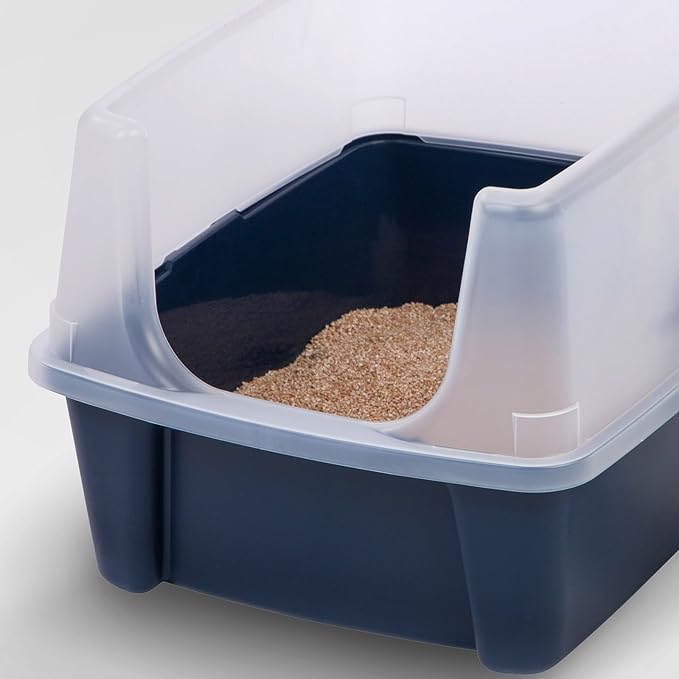 IRIS USA High Sided Cat Litter Box with Scatter Shield and Scoop, Open Top Cat Litter Pan, Navy