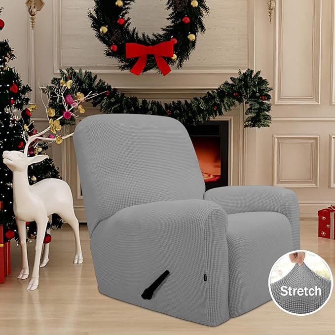 Easy-Going Recliner Stretch Sofa Slipcover Sofa Cover 4-Pieces Furniture Protector Couch Soft with Elastic Bottom Spandex Jacquard Fabric Small Checks(Recliner,Light Gray) Large