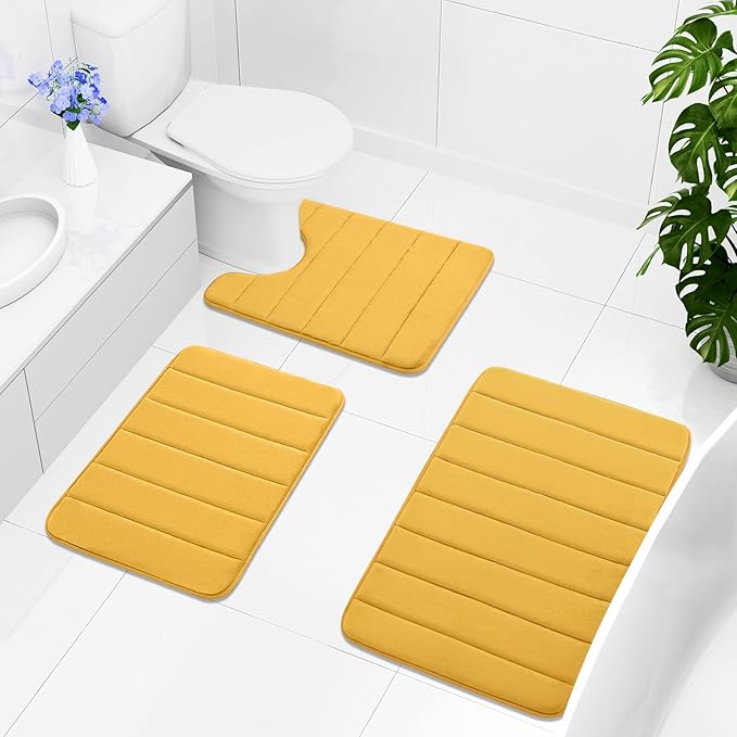 Buganda Memory Foam U-Shaped Contour Toilet Rugs, Non Slip Absorbent, Thick Soft Washable Bathroom Mat, Floor Carpet Bath Rugs Mat for Toilet Base (24" x 20", Yellow)