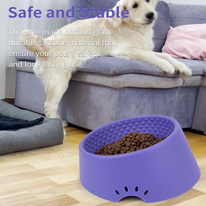 Pet Dog Food Bowl 10° Slanted ，Silicone Material， Easy to Clean Non-Skid & Non-Spill Easier to Reach Food L/2.5 Cups Purple