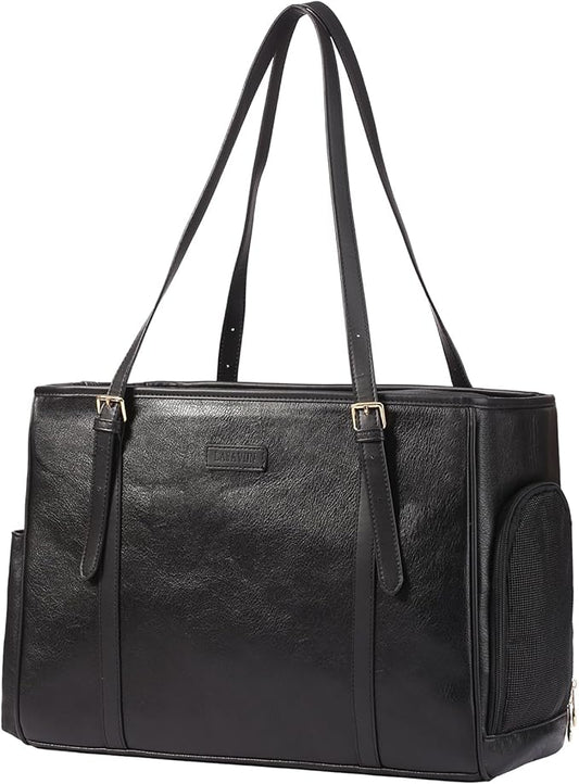 Lasaviin Fashion Dog Purse Pet Carrier Leather Bag for Small Dogs Cats Puppy, Portable Tote Bag Airline Approved Soft-Sided Carriers (Black)