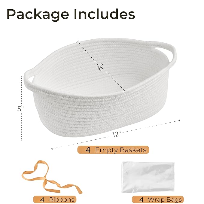 Small Woven Gift Basket Empty with Bag & Ribbon - Gifts for Mom, Baby Shower, Birthdays & Raffle - Cotton Rope Storage Basket for Dog Toys or Shelf - 12"x8"x5", Easter White, 4 Packs