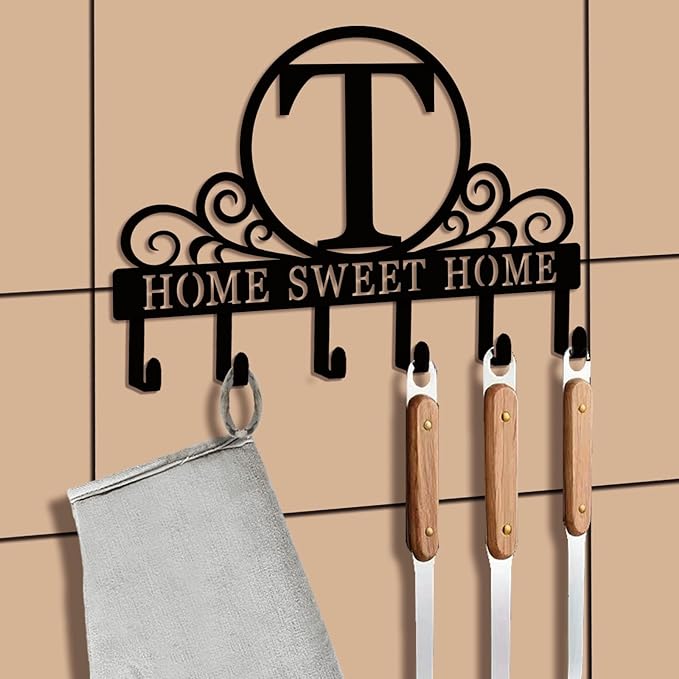 Metal Letter T Key Holder for Wall, Monogram Coat Rack Wall Mount, Key Hooks Perfect for Bathroom, Living Room, Kitchen, Office Ideal Wedding, Anniversary, Housewarming Gift (T)