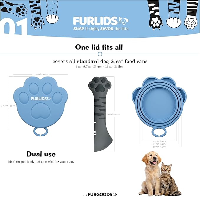 FURLIDS Furgoods 4-Pack Dog Food Can Lids & Cat Food Can Lid Set with Spatula – Silicone Pet Food Cans Covers, Airtight & Reusable – Universal Fit, Dishwasher Safe