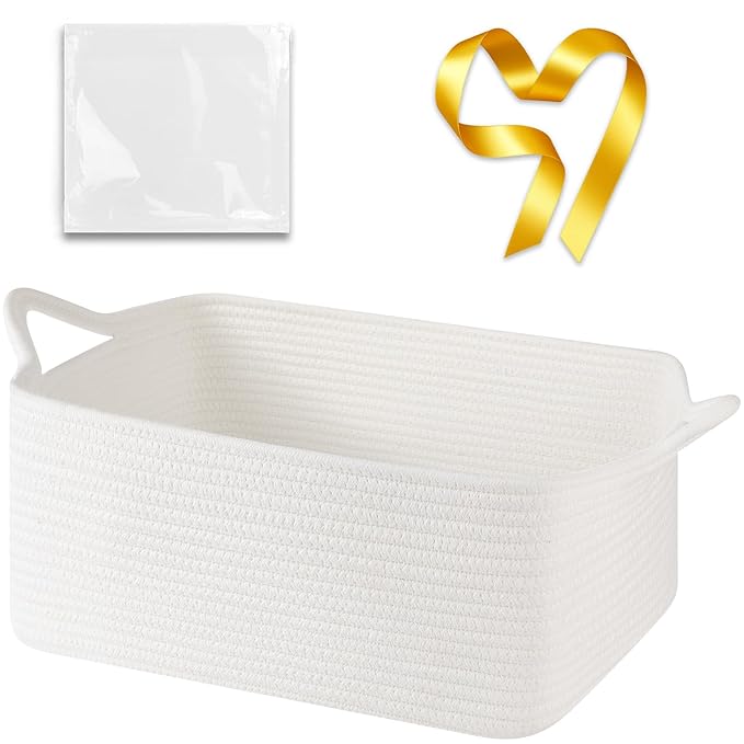 Large Empty Gift Baskets for Baby Shower, 16.5"L x 12.6"W x 7"H Cute Woven Storage Basket with Gift Bags and Ribbons, Small Rope Toy Basket with Handles, Cat Dog Pet Toy Organizer - White
