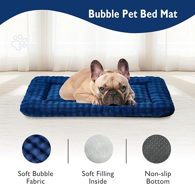 Dog Bed Mat Crate Pad for Medium Dogs, Washable Soft Pet Sleeping Mat Kennel Pad with 3D Bubble Pattern, Navy Blue, 30"x 19"