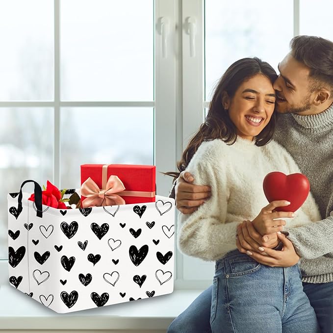 FXOCSHE Heart-Shaped Collapsible Waterproof Laundry Basket, Black Hearts