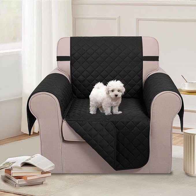 U-NICE HOME Recliner Chair Covers Reversible Chair Cover Pet Covers for Dogs with Elastic Straps Water Resistant Diamond Quilted (23''Armchair, Black/Black)