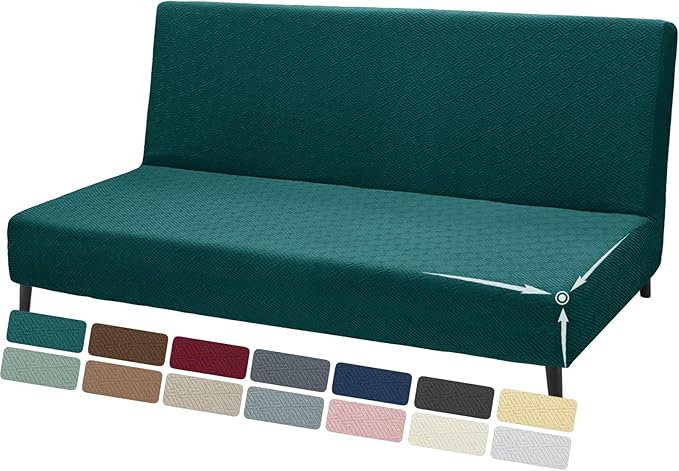 ZNSAYOTX Stretch Fit Futon Cover (67"-82") Armless Futon Sofa Bed Slipcover with Elastic Band, Universal Foldable Sofa Mattress Protector Full Queen Size, Washable Comfort Jacquard (Teal Green)