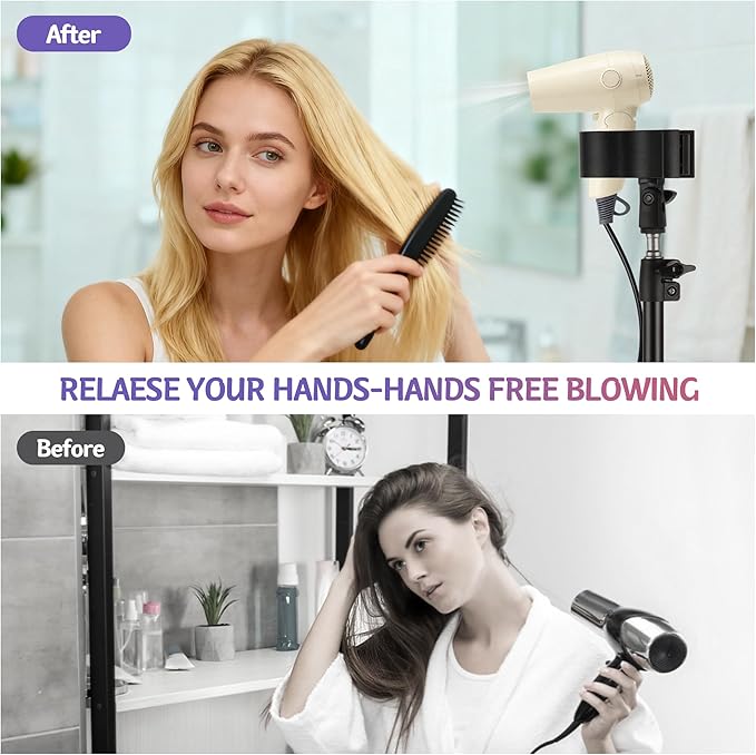 ERYTLLY Hair Dryer Stand Hair Dryer Holder with Tripod Hands Free 360-Degree Rotating Universal Clip Adjustable Height from 30-62 Inch Metal Blow Dryer Holder for Bathroom, Vanity, Makeup Room