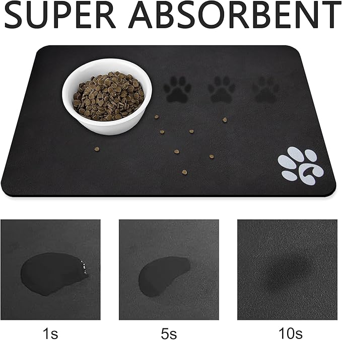 YCT Pet Cat Food Mats - Non Slip Super Absorbent, with Footprints Logo, 24 x 16.9 inches, Dark