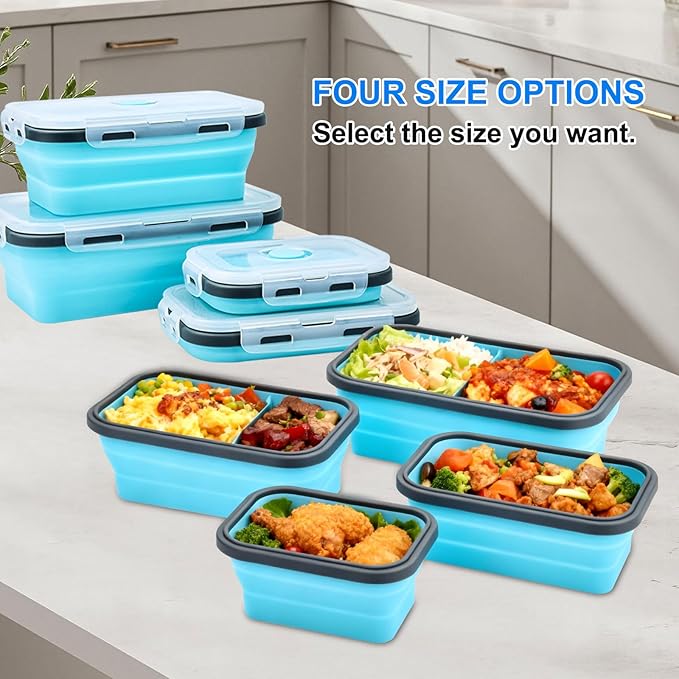 4 Set Collapsible Food Storage Containers Silicone Lunch Container with Lids Collapsible Lunch Box Food for Camper Leftovers Snacks Meals Dorm Kitchen Microwave Dishwasher and Freezer Navy Blue