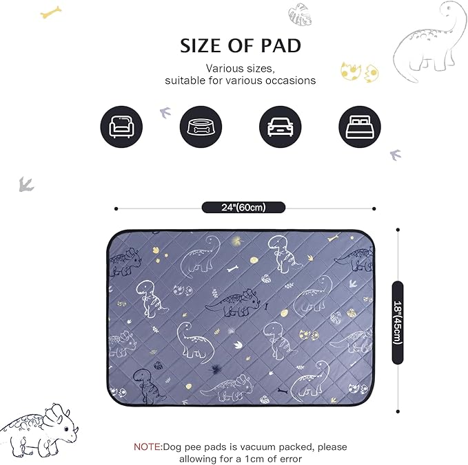 IEUUMLER Washable Pee Pads for Dogs, 2 Pack Non-Slip & Waterproof Pack Whelping Pad, Reusable Washable Puppy Potty Training Pad with Fast Absorbent for Playpen EU007 (Gray Dinosaur, 24"X18"-2pcs)