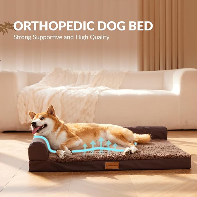 Patas Lague Orthopedic XL Dog Bed Large Sized Dog 42''X28'', Waterproof L Bolster Big Large Pet Sofa Beds with Removable Washable Cover, Soft Pet Couch Crate Mat with Nonskid Bottom, Brown