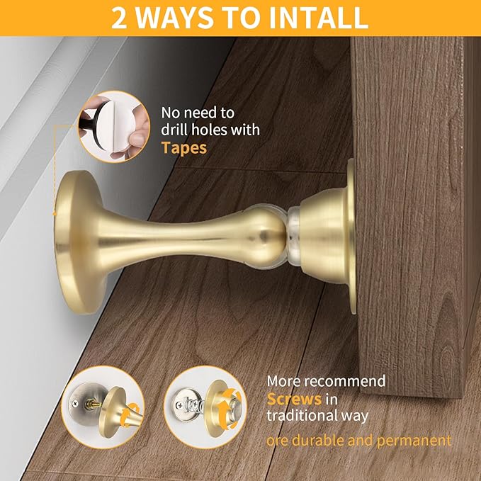 Bak Bo 2 Pack Magnetic Door Stopper, Strong Magnetic Door Holder Keep Door Open, Zinc Alloy Door Catch for Wall & Floor Mounting, No Drilling Door Stop with Adhesive Brushed Gold