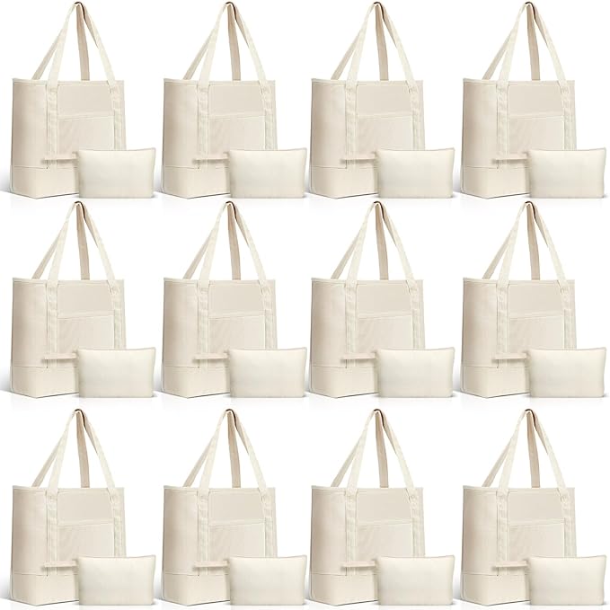 Sanwuta Canvas Tote Bags Bulk with Outer Pocket and Makeup Pouch 18'' Reusable Grocery Bags with Handles for Women Beach DIY