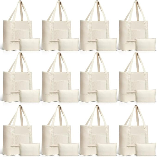 Sanwuta Canvas Tote Bags Bulk with Outer Pocket and Makeup Pouch 18'' Reusable Grocery Bags with Handles for Women Beach DIY