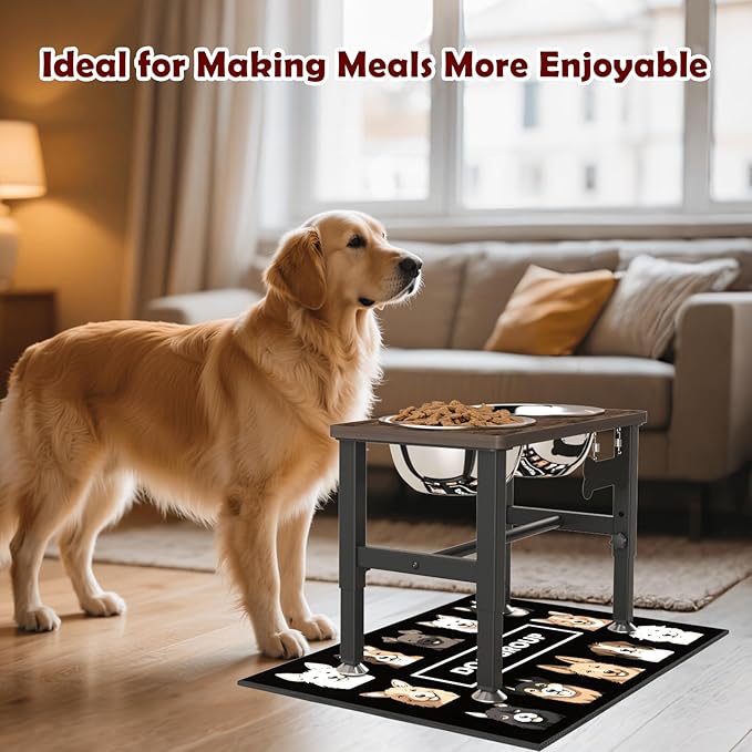 SHAINFUN Elevated Dog Bowls with Slow Feeder & Mat for Medium and Large Dogs, 16" Tall Adjustable Wooden & Metal Raised Dog Bowl Stand, 2 Stainless Steel 58oz Bowls for Food & Water