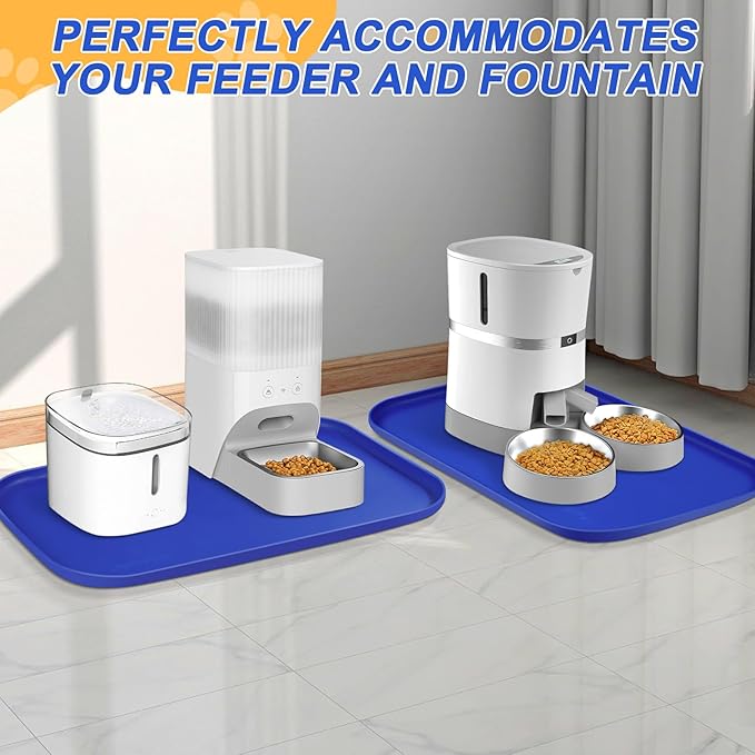 Silicone Pet Feeding Mat with Raised Edge for Food and Water, Dog Bowl Mats, Cat Bowls Placemat with High Lip for Floor Waterproof, Rubber Tray for Cats and Dogs 19 x 12 x0.7 Navy Blue