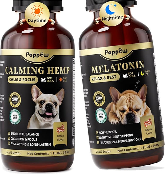 Hemp & Melatonin Calming Drops for Dogs – Day & Night Calming Treat for Anxiety Relief, Stress, Aggression, Separation, Relaxation & Sleep Aid, Bacon Flavor, 2 FL Oz