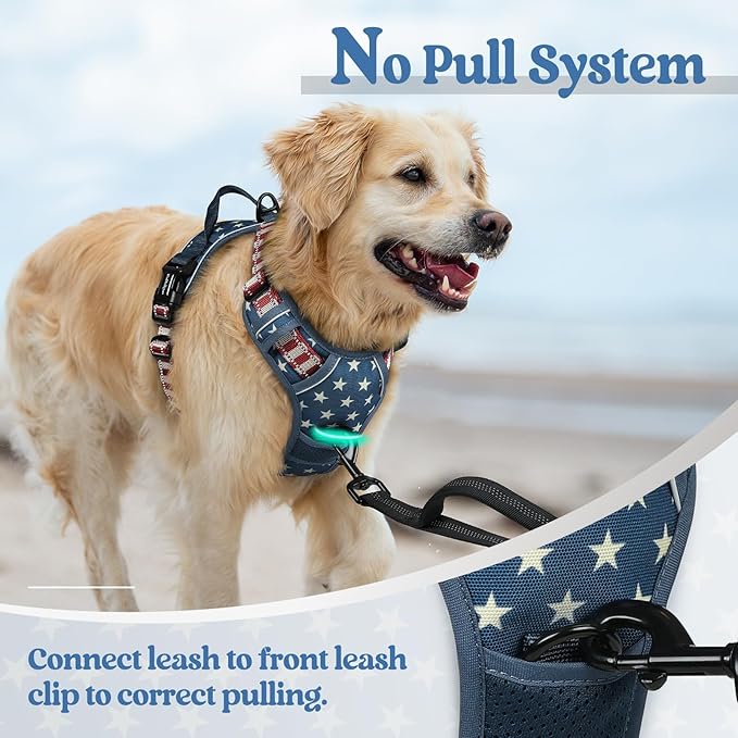 rabbitgoo Dog Harness No Pull with 2 Leash Clips, Adjustable Soft Padded, Reflective Oxford No Choke Pet Vest with Easy Control Handle for Large Dogs, Blue Star, XL