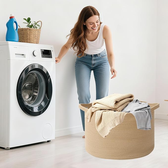 115L Extra Large Woven Cotton Rope Blanket Basket with Handles, Laundry Hamper Storage Bin for Pillows, Comforters,Clothes, Toys, Nursery, Bedroom and Living Room Organization,Camel