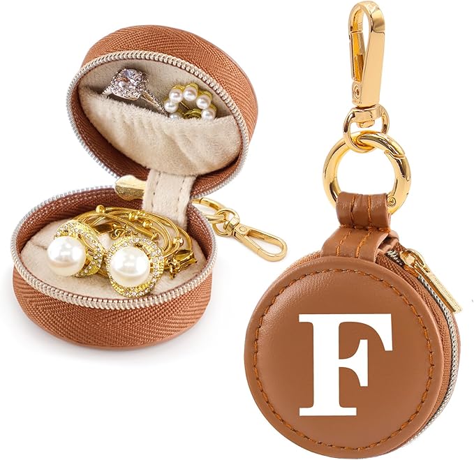 Mini Initial Travel Jewelry Case Ring Holder, Brown Faux Leather Small Jewelry Organizer Box Gifts for Women Girls Nurse Teacher, Gym Travel Accessories Keychain Pouch for Earrings Rings Necklace F