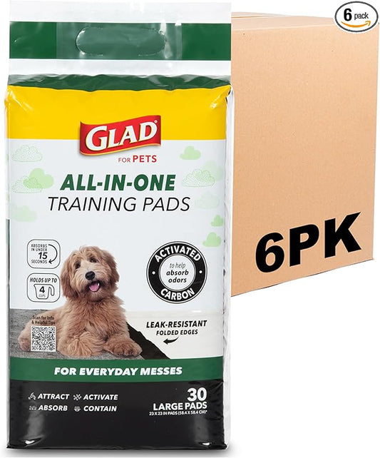Glad for Pets Black Charcoal Puppy Pads, 23 x 23 Inch, 6-Layer Leak-Resistant Design, Activated Carbon Odor Control, Pheromone Attractant for Potty Training, 30 Count - 6 Pack