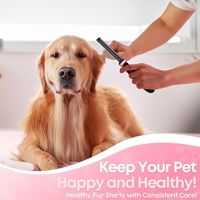 Flexzion Metal Pet Comb for Cats & Dogs – Sturdy Stainless Steel Rounded Teeth with Non-Slip Grip – Easy Grooming & Detangling for Long & Short Hair, Pink