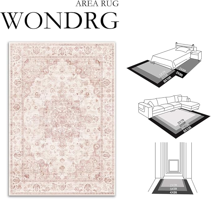 2x8 Washable Neutral Runner Rug Pink Vintage Hallway Kitchen Carpet Non-Slip Soft Low Pile Farmhouse Throw Rug for Bedroom Bathroom Laundry Living Room