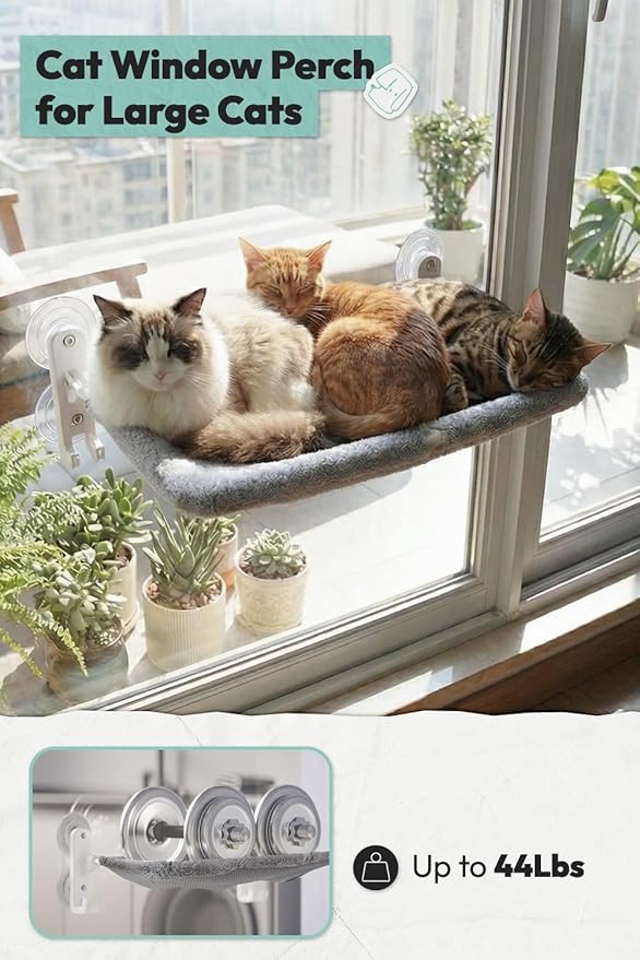 POMESEA Cordless Cat Window Perch for Large Cats, Glow in The Dark Fabric Cat Hammock for Window with 4 Strong Suction Cups, Easy to Assemble, Foldable Window Seat for Cats Inside, Gray L