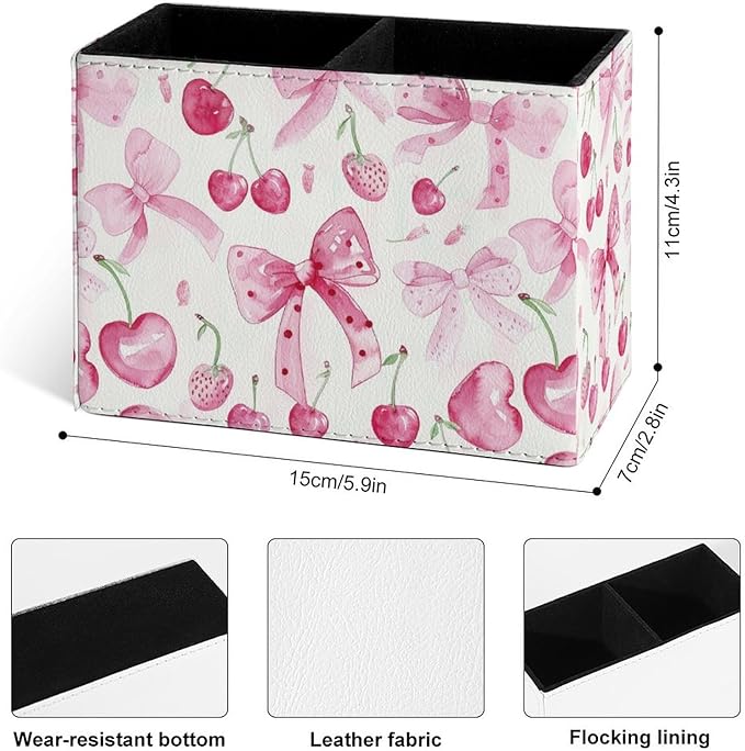Famame Cute Bows Pink Cherry Pencil Holder for Desk, Leather Desktop Container Pen Cup Storage Study Table Pen Organizer Makeup Brush Holder for Classroom Office Home