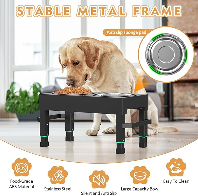 Metal Elevated Dog Bowls Stand Large Breed, Height Adjustable Raised Dog Bowls Holder with 2 Stainless Steel Food Bowls for Small, Medium and Large Canine