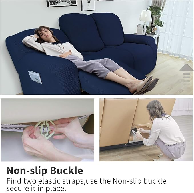 Easy-Going 6 Pieces Recliner Loveseat Stretch Sofa Slipcover Sofa Cover Furniture Protector Couch Soft with Elastic Bottom Kids, Spandex Jacquard Fabric Small Checks Navy