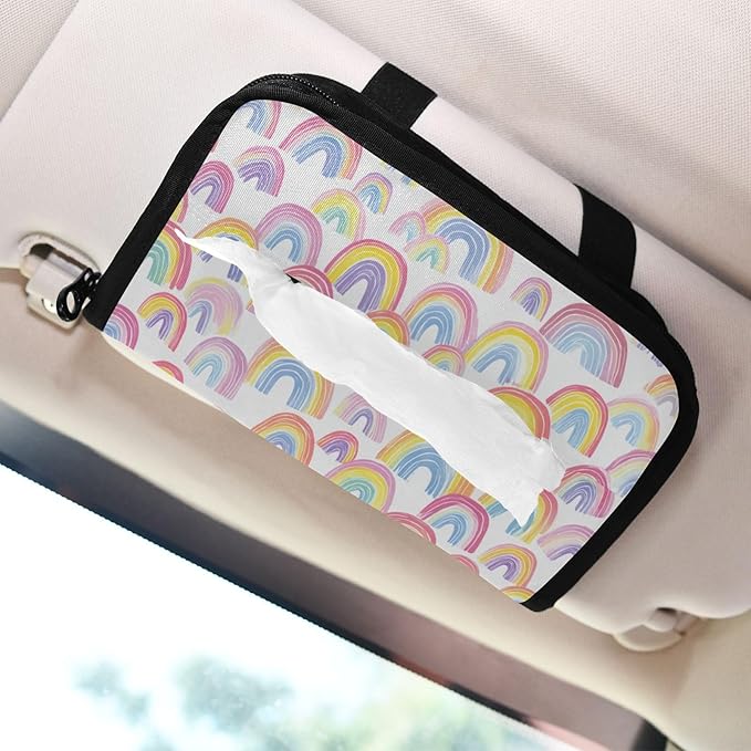 Car Tissue Holder Car Napkin Holder Car Tissue Box Dispenser Storage Case Sun Visor Mask Holder with Adjustable Straps Reusable Refillable Gradient Cute Rainbows