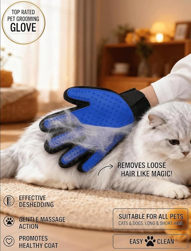 Pet Hair Remover Glove - Gentle Deshedding Brush Glove for Dogs & Cats - Enhanced Grooming & Massage Mitt for Long and Short Fur - Perfect for Shedding and Bathing (Blue)