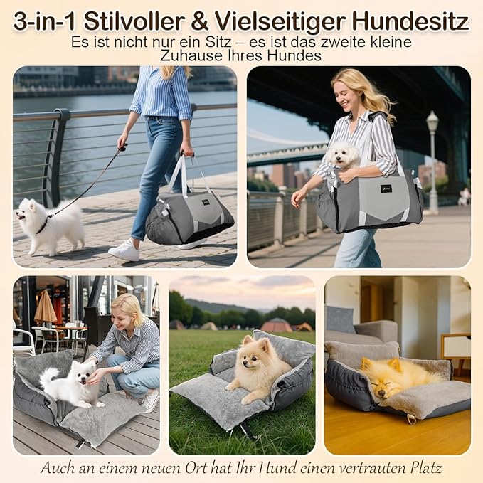 Dog Car Seat for Small Dogs with Extension Zone, Portable Washable Travel Bed for Pets up to 30 lbs, Booster Seat for Front Seat & Camping, Includes Harness Clip – Grey