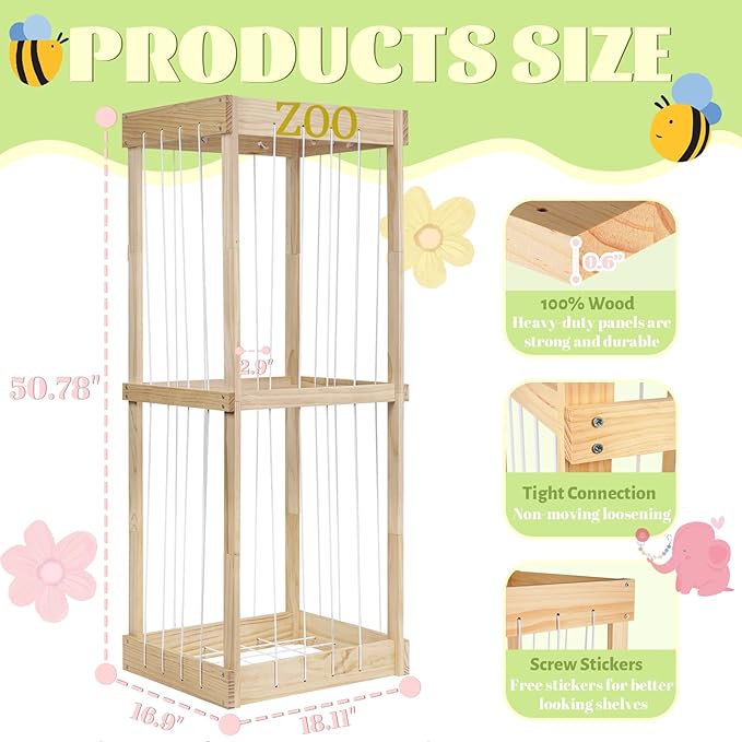 Trycooling Stuffed Animal Zoo Stuffed Animal Storage Wood Plushie Storage Stuffed Animals Zoo Storage Cage with Zoo Pattern Elastic Band for Nursery Play Room Bedroom (Wood) | Stuffed Animal Zoo, Plushie Storage, Zoo Pattern, Elastic Band