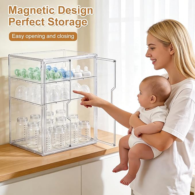 ERTIUANIO Baby Bottle Organizer – 3 Tier Acrylic Bottle Storage Organizer Container, Clear Plastic Bottle Station Organizers Drawers with Double Magnetic Doors for Countertop Kitchen Vanity, Bathroom