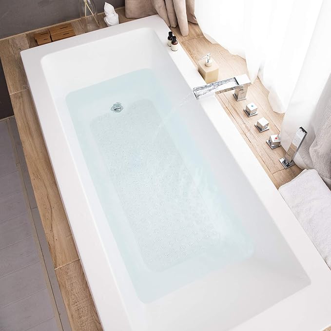 Bathtub Mats for Shower Tub, Extra Long Non-Slip 39 x 16 Inch Bath Mat with Drain Holes and Suction Cups, BathMat for Bathroom with Machine Washable (Clear)