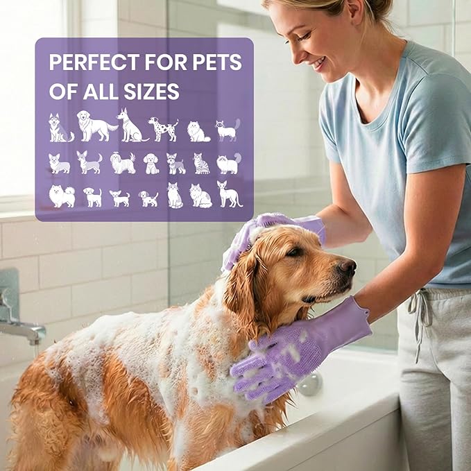DELOMO Pet Grooming Gloves 1 Pair: Soft and Gentle Silicone Dog Washing Gloves - Bathing Scrubber Brush Mitt Grooming Shedding Fur Removal Massage for Dogs/Cats/Horse, Purple