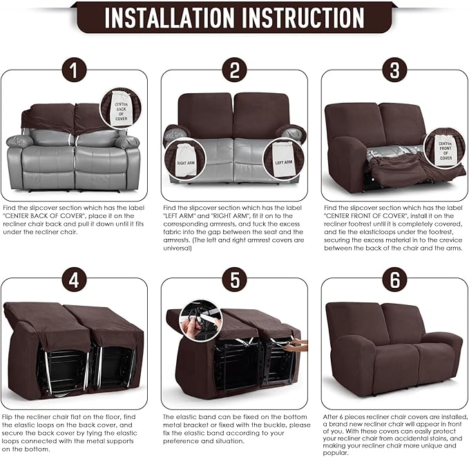 TAOCOCO Recliner Loveseat Slipcover, 6 Pieces Dual Recliner Sofa Covers for 2 Seat Dual Reclining Loveseat Couch, Stretch Soft Jacquard Pattern Furniture Protector with Elasticity (2XL, Dark Coffee)