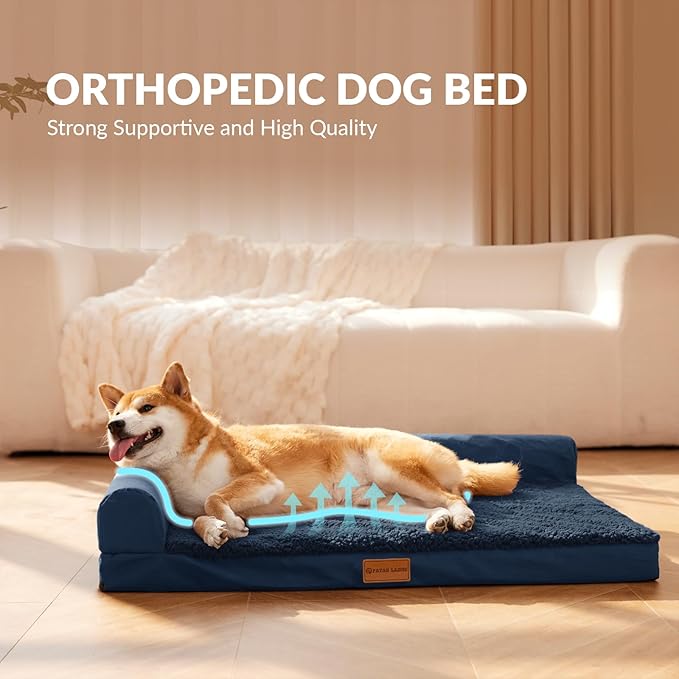 Patas Lague Orthopedic Jumbo Dog Bed for Extra Large Dogs 56''X40'', Waterproof L Bolster Jumbo Pet Sofa Beds with Removable Washable Cover, Soft Pet Couch Crate Mat with Nonskid Bottom, Navy Blue